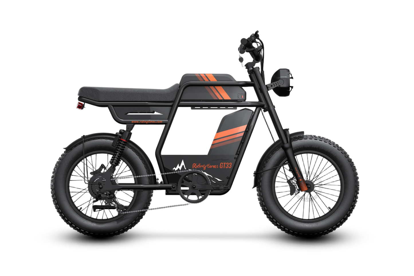 Black electric bike with orange accents on a white background