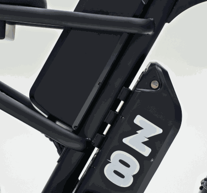 Battery pack attached to a black metal frame with white number 8 or 80 printed on its side