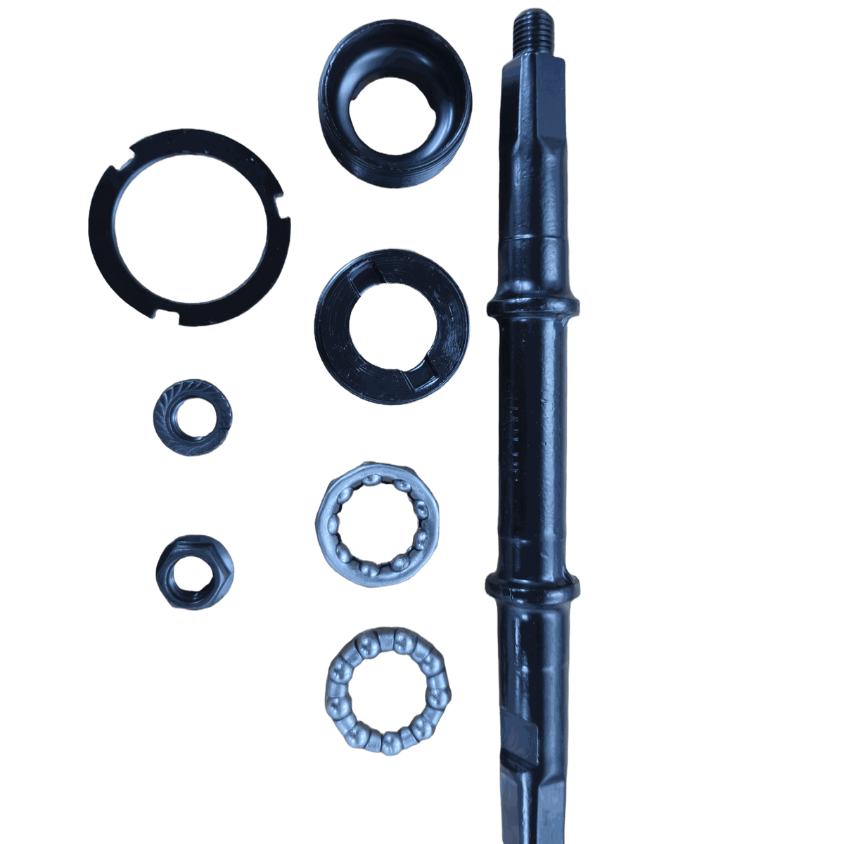 Complete bottom bracket assembly with black metal spindle, bearing races, and washers arranged separately on white background
