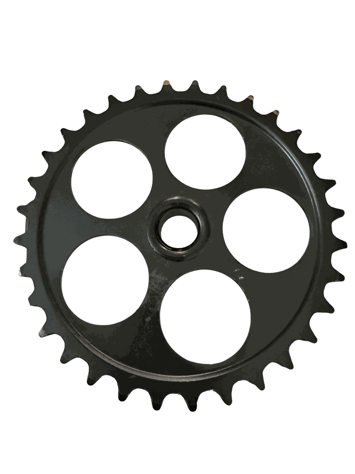Chainring in black metal with 36 teeth and four large circular cutouts around the center