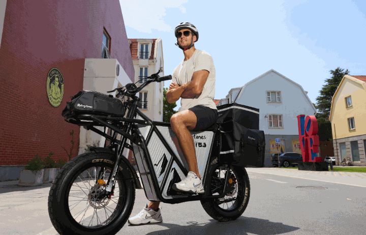 GT53 black faux leather waterproof high-capacity bags set mounted on cargo electric bike including handlebar, front rack, saddle, and rear seat bags