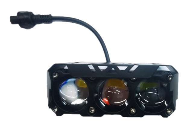 Headlight with three round lenses in black carbon fiber housing and attached black cable for Z8 Electric Bike