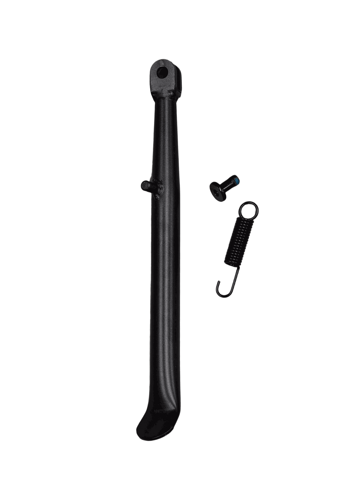 Kickstand in black metal with curved foot, accompanied by a small bolt and coiled spring accessory
