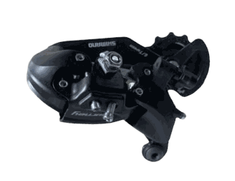 Rear Derailleur in black metal and plastic with Shimano branding and visible mounting bolt and jockey wheels