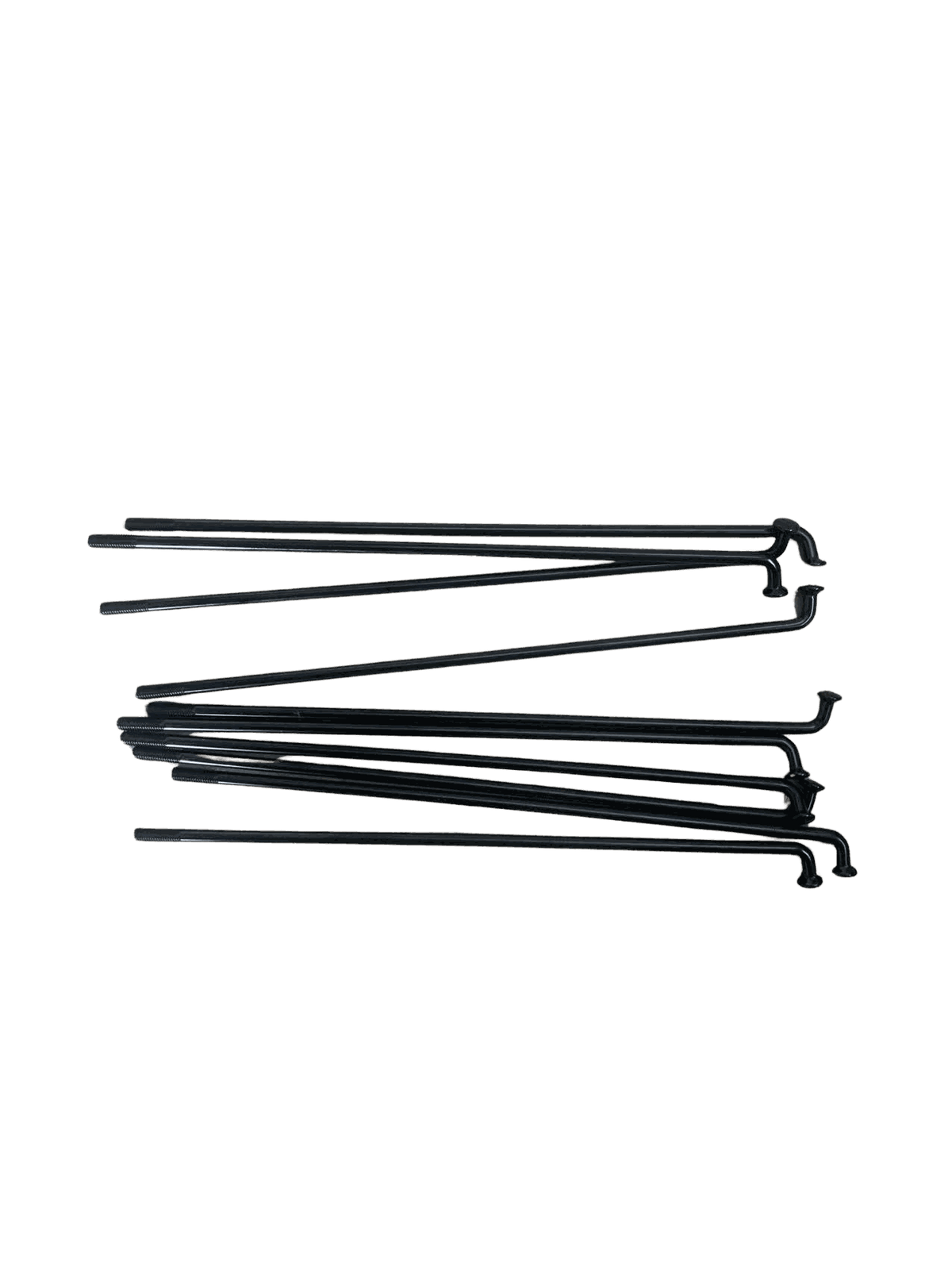 Spoke and Spoke Nipple set in black metal with straight thin rods and threaded ends for bicycle wheels