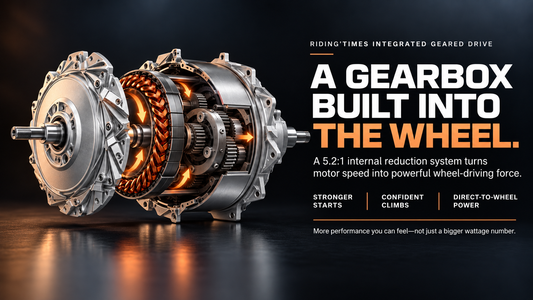 RidingTimes integrated geared hub illustration showing internal gears and a 5.2:1 reduction systems.