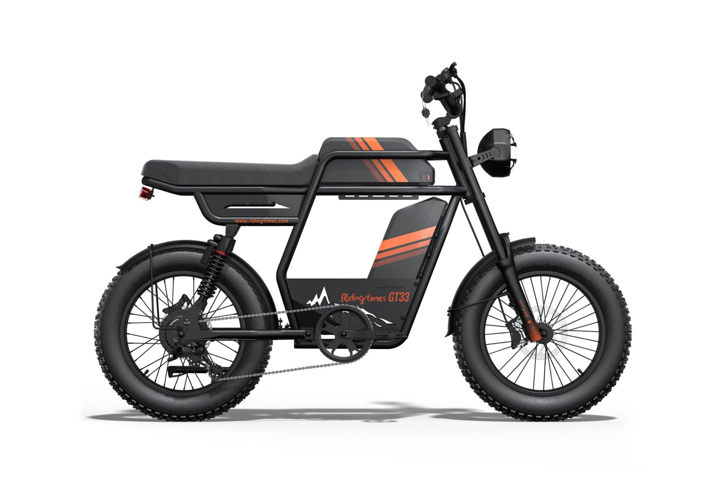 Black electric bike with orange accents on a white background
