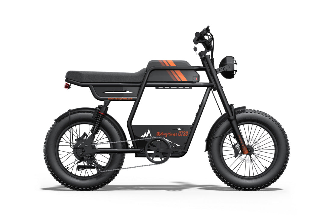 Black electric bike with orange accents on a white background