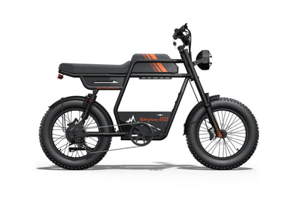 Black electric bike with orange accents on a white background