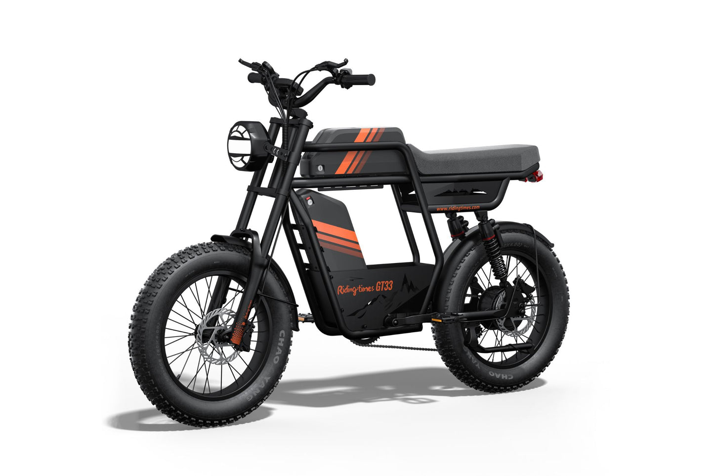 Black electric bike with orange accents on a white background