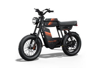 Black electric bike with orange accents on a white background