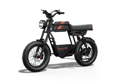 Black electric bike with orange accents on a white background
