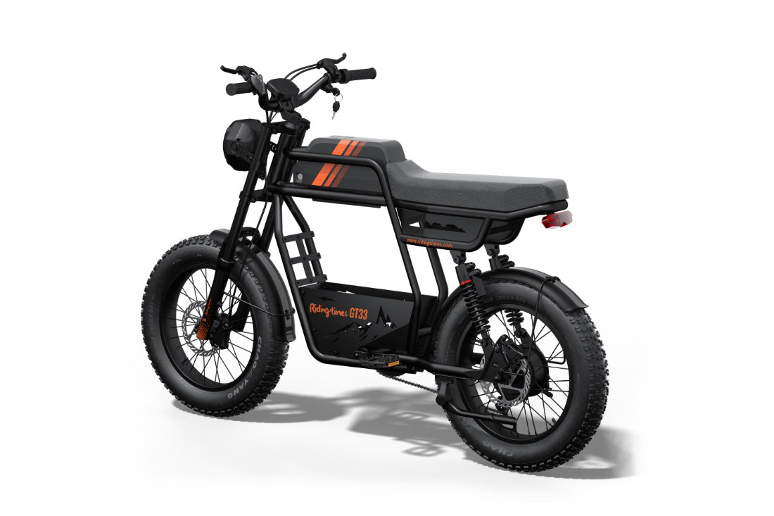 Black electric bike with orange accents on a white background