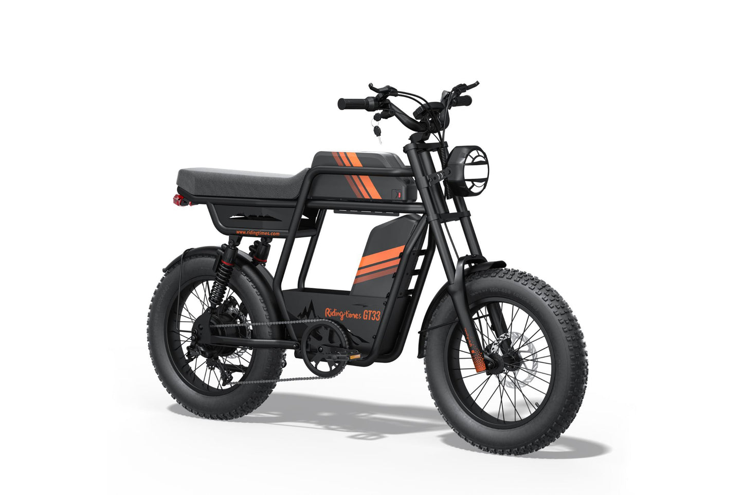 Electric bike with black and orange design on a white background
