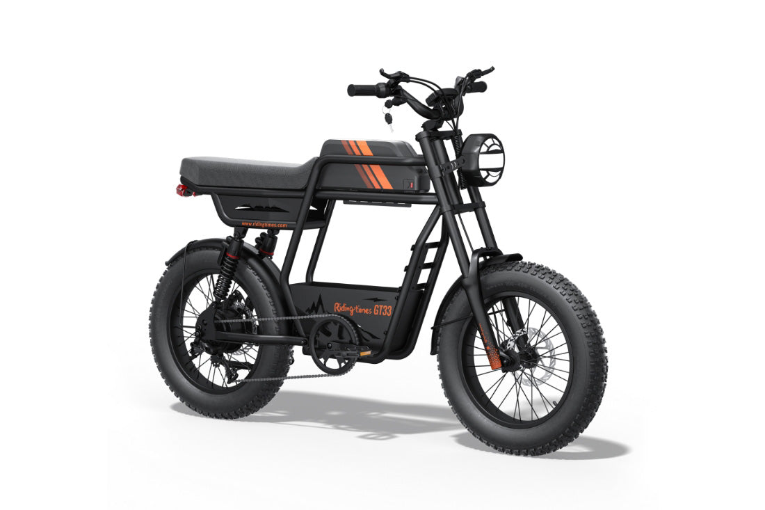 Black electric bike with orange accents on a white background