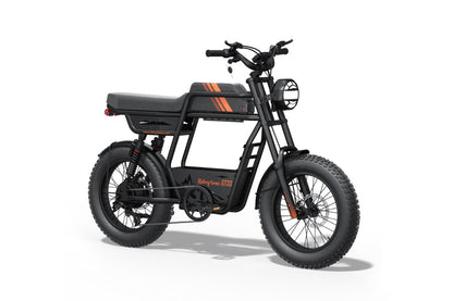 Black electric bike with orange accents on a white background