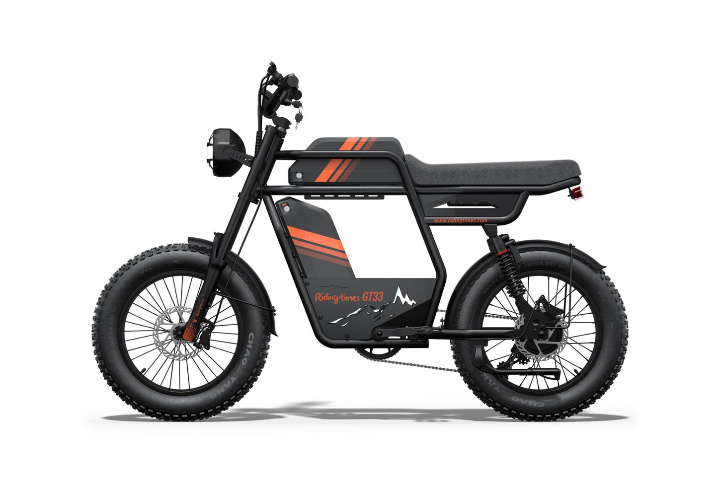 Black electric bike with orange accents on a white background