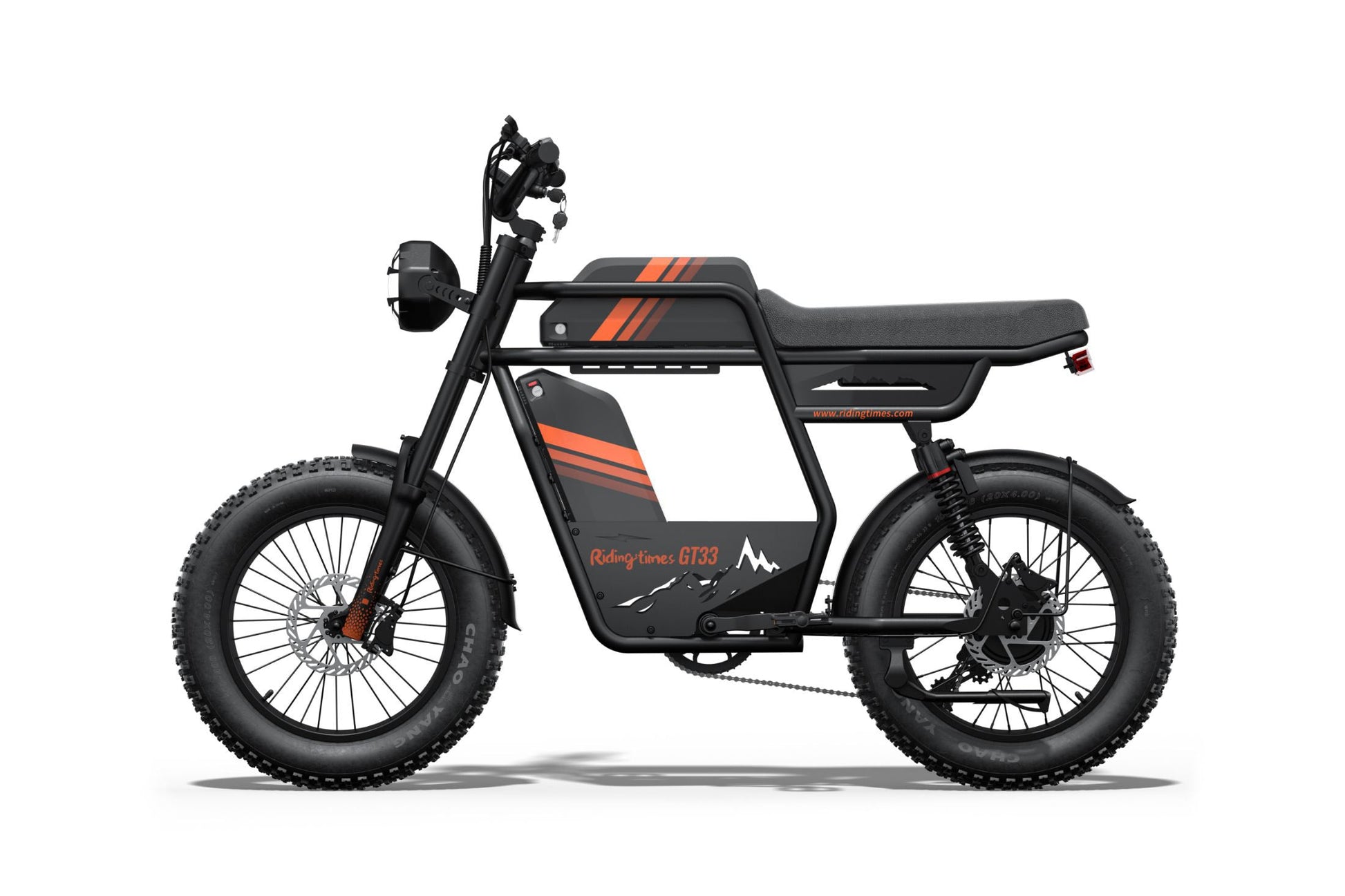 Black electric bike with orange accents on a white background