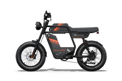 Black electric bike with orange accents on a white background
