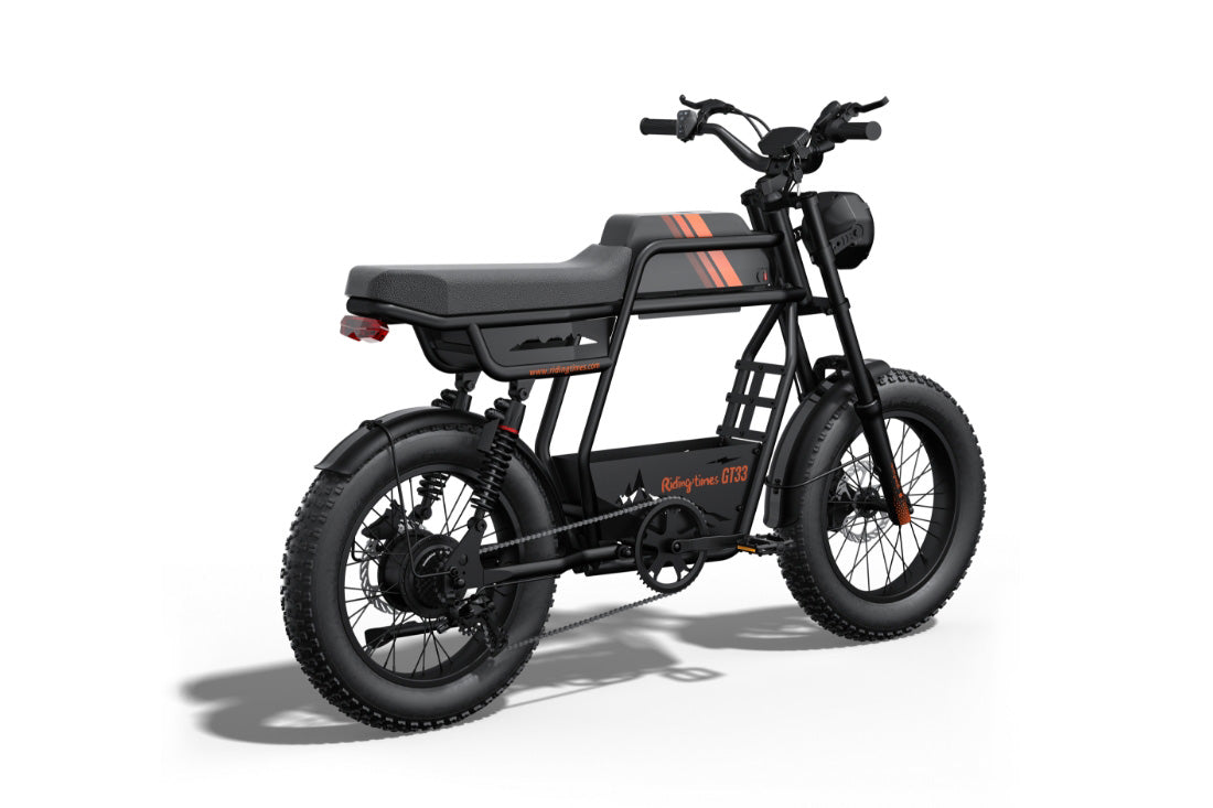 Black electric bike with orange accents on a white background