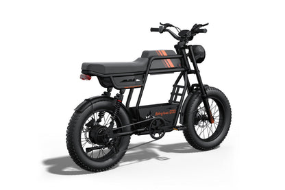 Black electric bike with orange accents on a white background