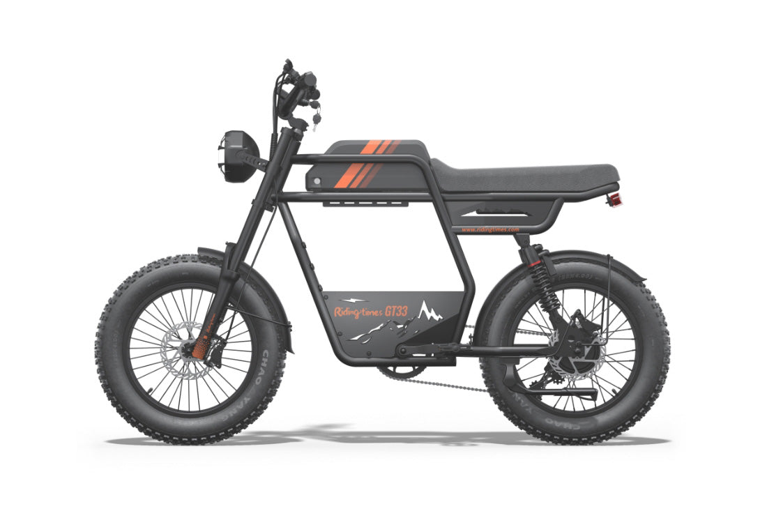 Black electric bike with orange accents on a white background