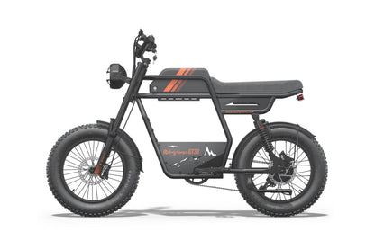 Black electric bike with orange accents on a white background