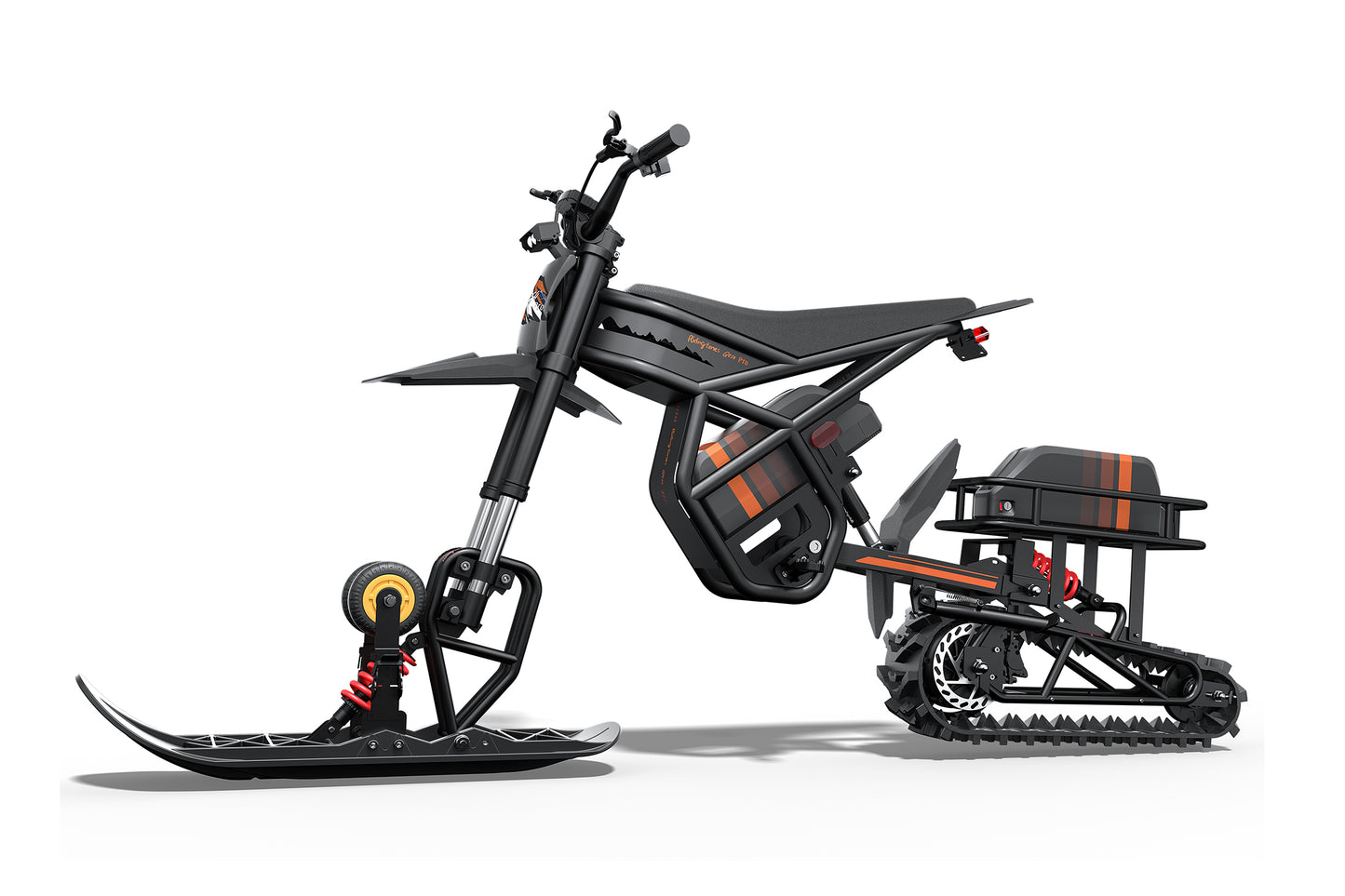 Black and orange snow bike with tracks on a white background