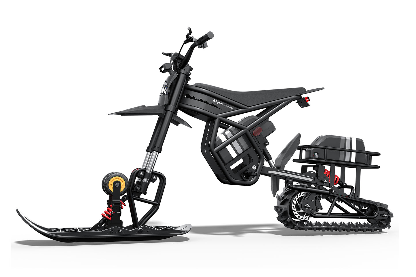 Black off-road vehicle with tracks on a white background