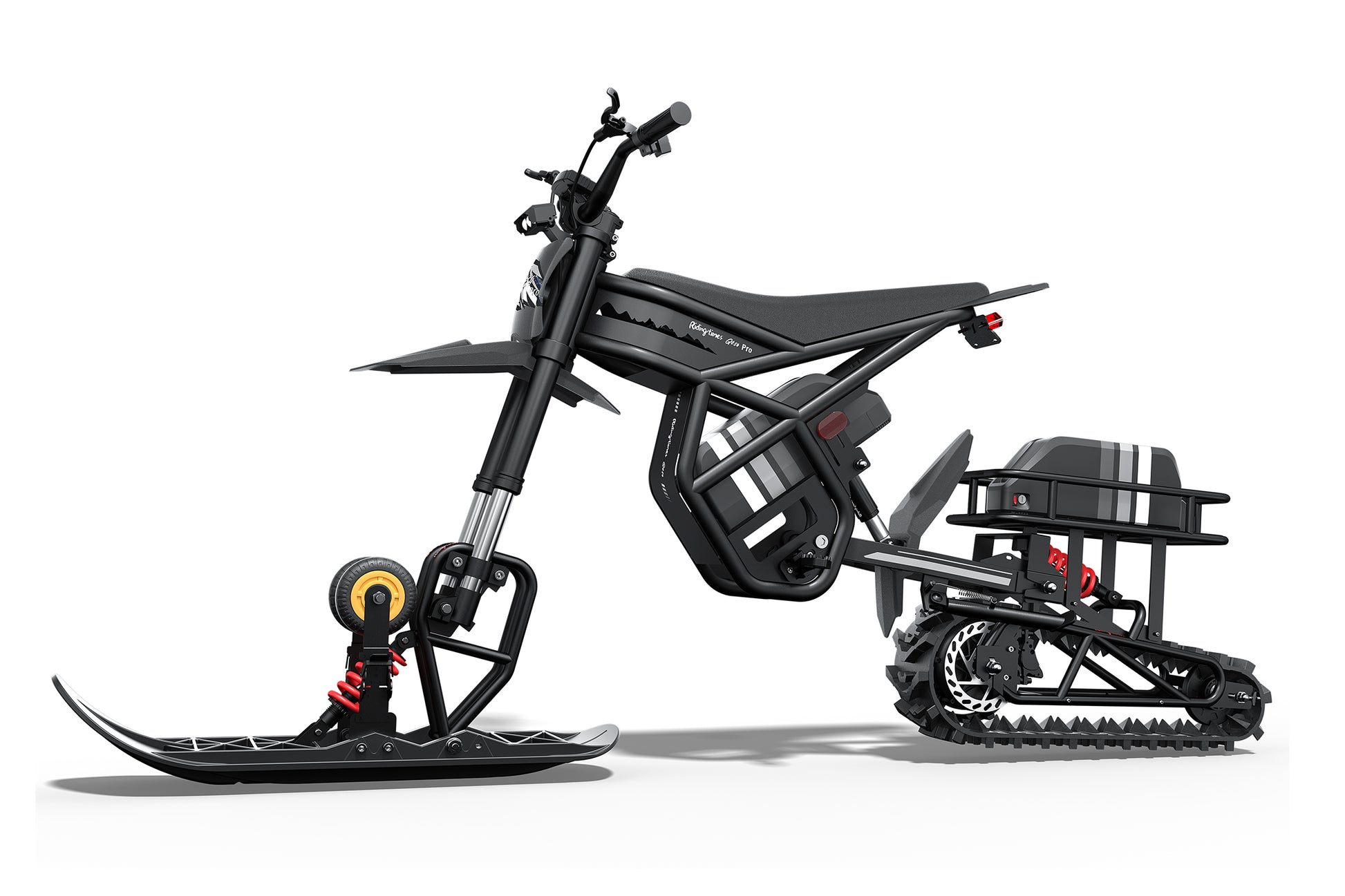 Black off-road vehicle with tracks on a white background