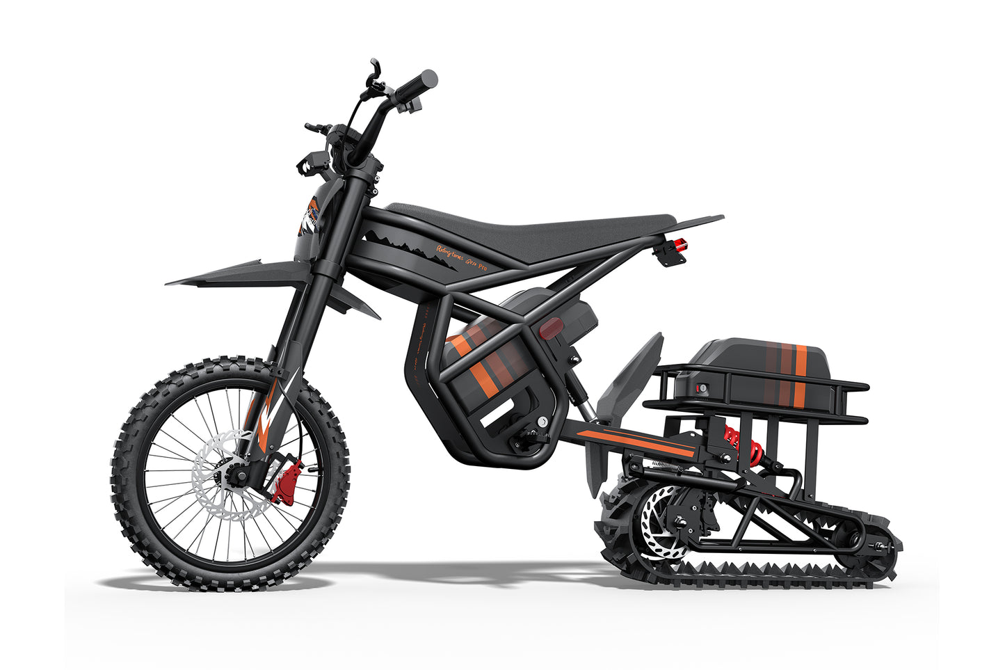 Dual-mode off-road vehicle with bike and tracked trailer on a white background