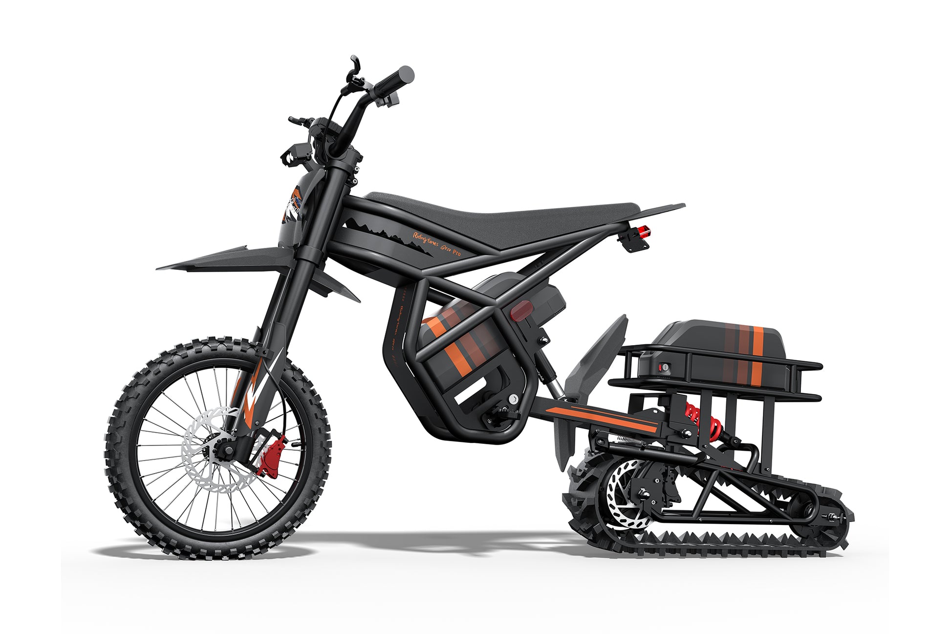 Dual-mode off-road vehicle with bike and tracked trailer on a white background