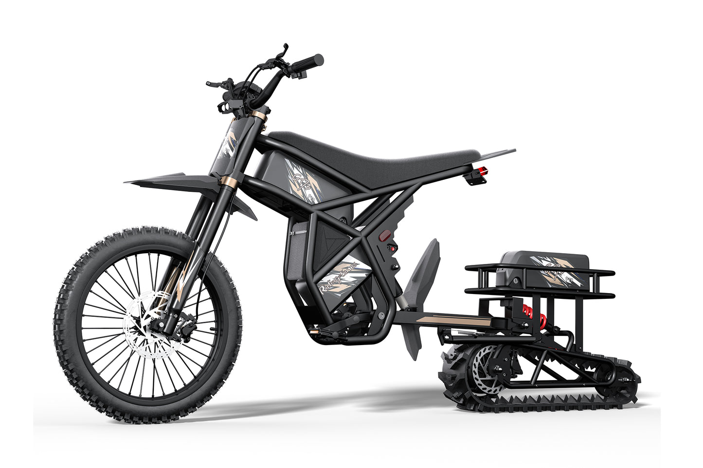 Black off-road vehicle with tracks on a white background
