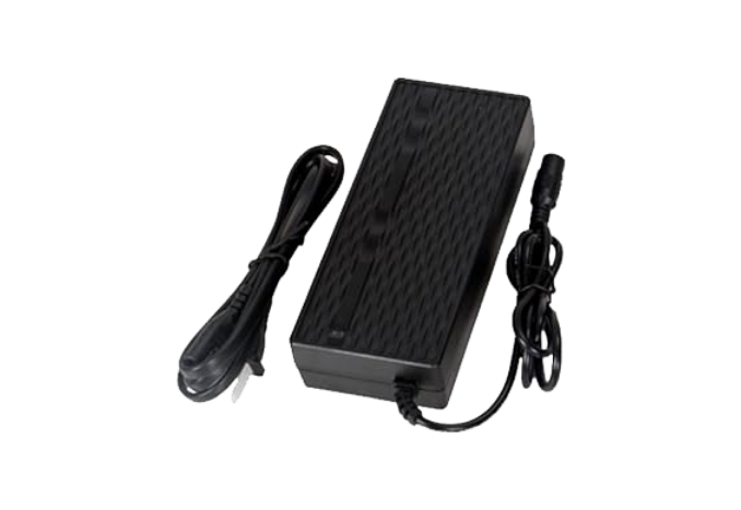 A black charger for an electric scooter with a long cable and a standard plug.