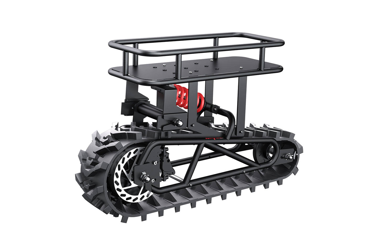 Black tracked vehicle chassis with a platform on a white background