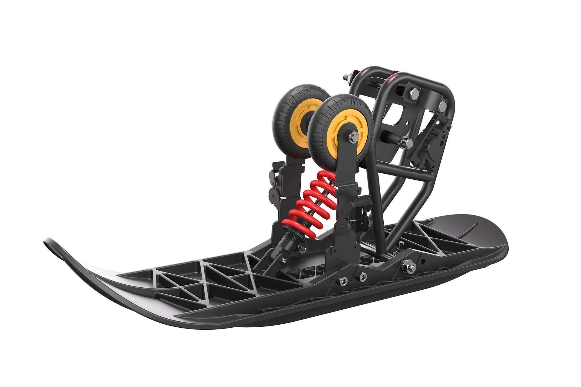 Black snowshoe with wheels and springs on a white background