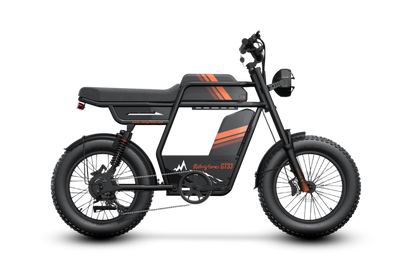 Black electric bike with orange accents on a white background