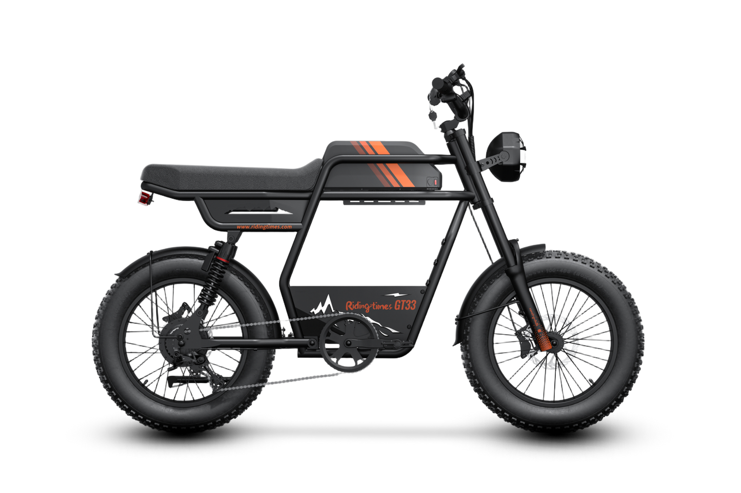 Black electric bike GT33 with orange accents on a white background