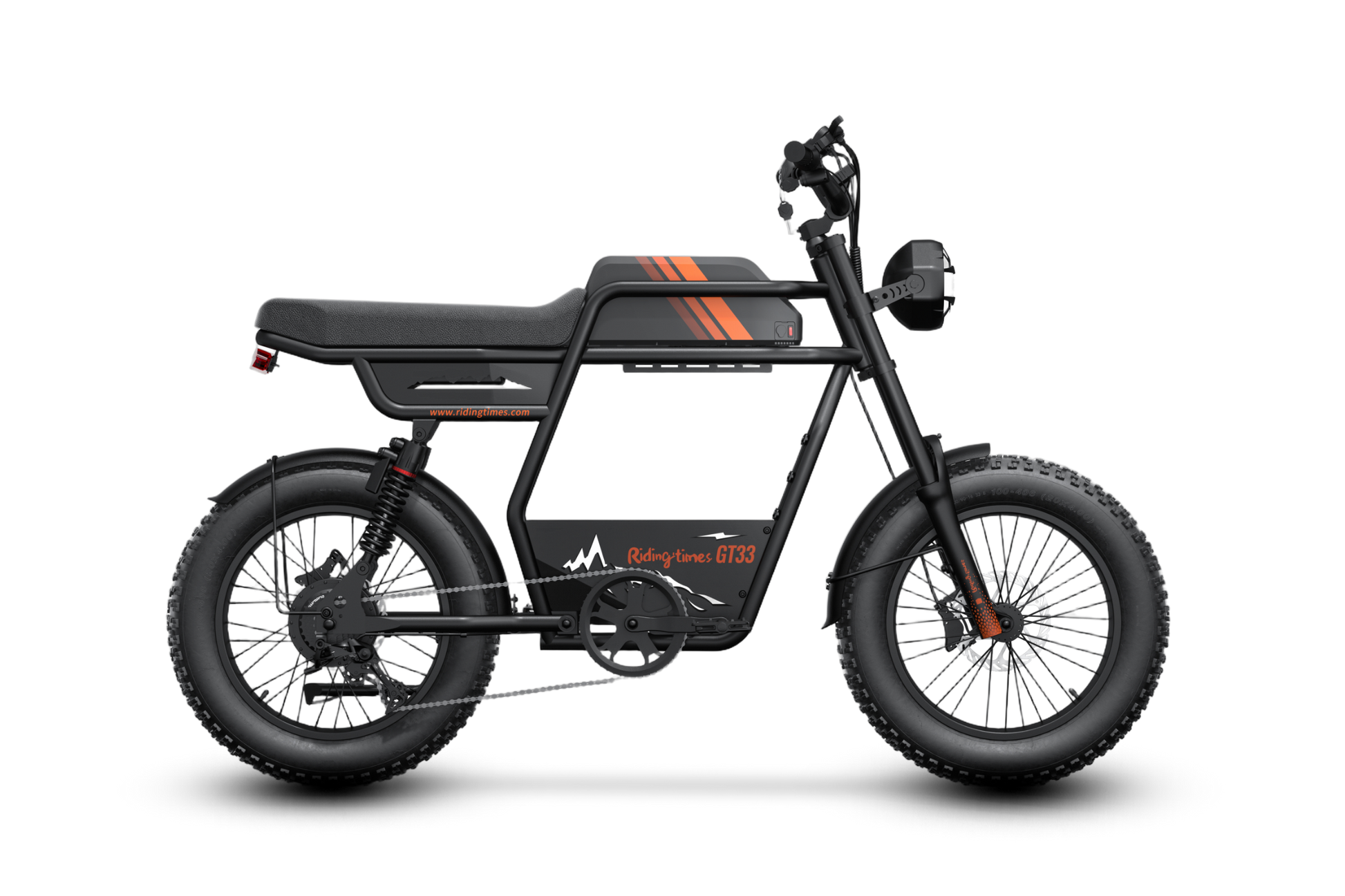 Black electric bike GT33 with orange accents on a white background