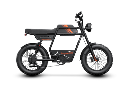 Black electric bike GT33 with orange accents on a white background