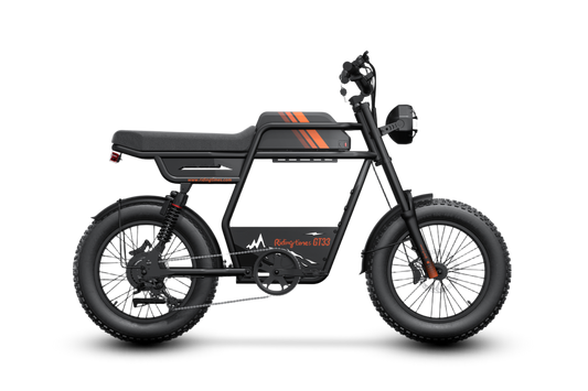 Black electric bike GT33 with orange accents on a white background