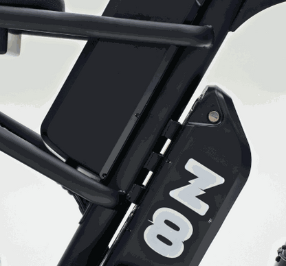 Battery pack attached to a black metal frame with white number 8 or 80 printed on its side