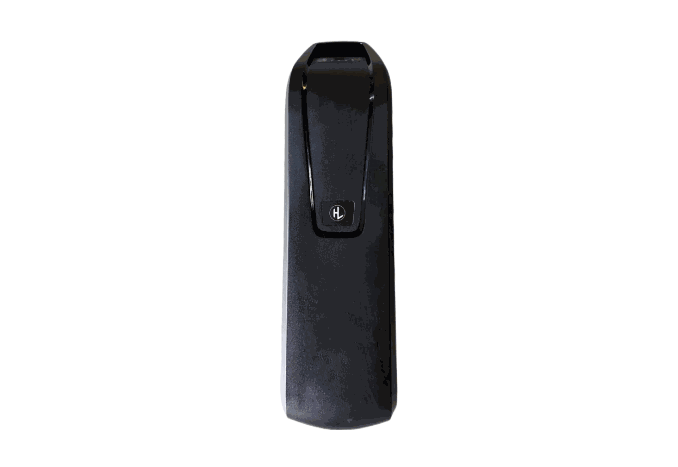 Battery pack in sleek black plastic casing with a glossy clip and small logo on front