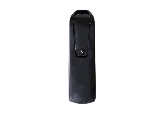 Battery pack in sleek black plastic casing with a glossy clip and small logo on front