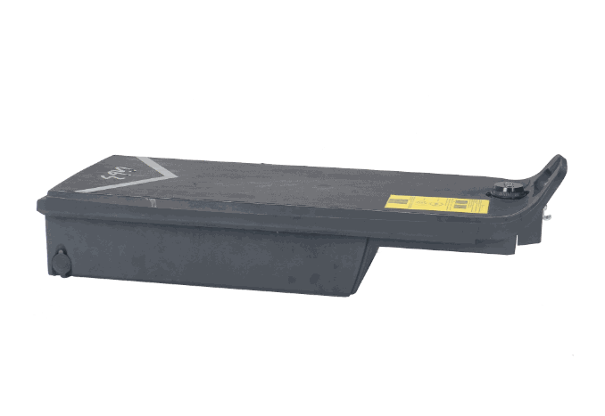 Battery black rectangular plastic casing with a yellow label and a cap on one end