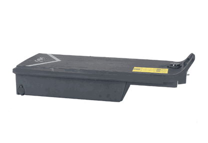 Battery black rectangular plastic casing with a yellow label and a cap on one end
