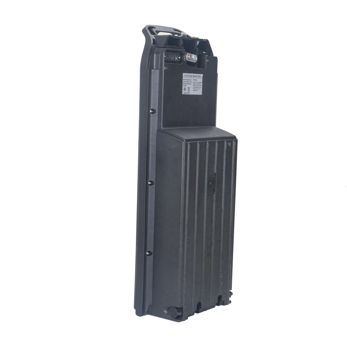 Battery with a tall rectangular black plastic casing featuring vertical ridges and a handle on top