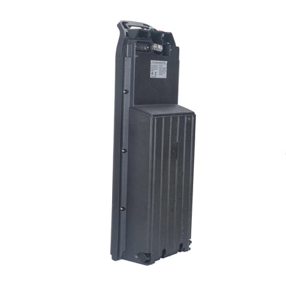 Battery with a tall rectangular black plastic casing featuring vertical ridges and a handle on top
