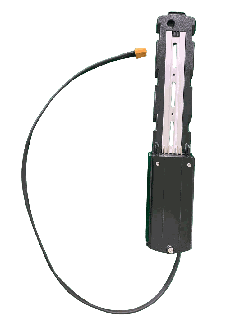 Battery Rail with black plastic case and attached cable with yellow connector, featuring metal rail and mounting points