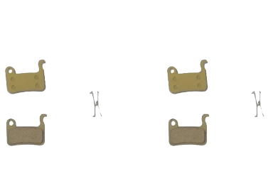Brake Pads set with two pairs of metallic brake pads featuring a copper-gold finish and a flat rectangular shape with mounting hooks